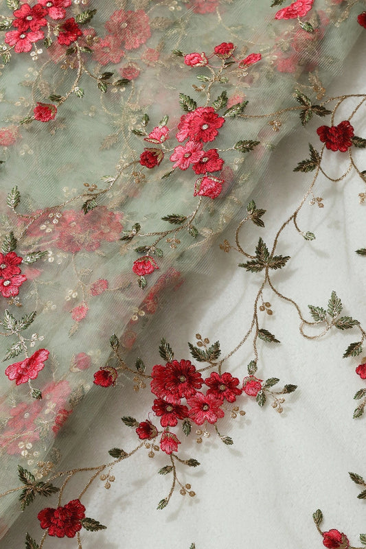 Red And Olive Thread With Gold Zari Beautiful Floral Embroidery On Olive Soft Net Fabric