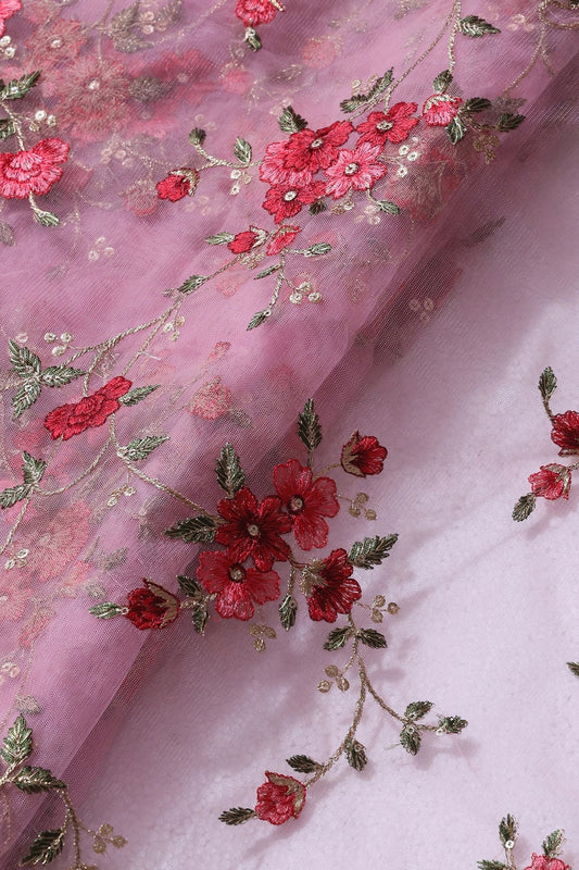 Red And Olive Thread With Gold Zari Beautiful Floral Embroidery On Pink Soft Net Fabric