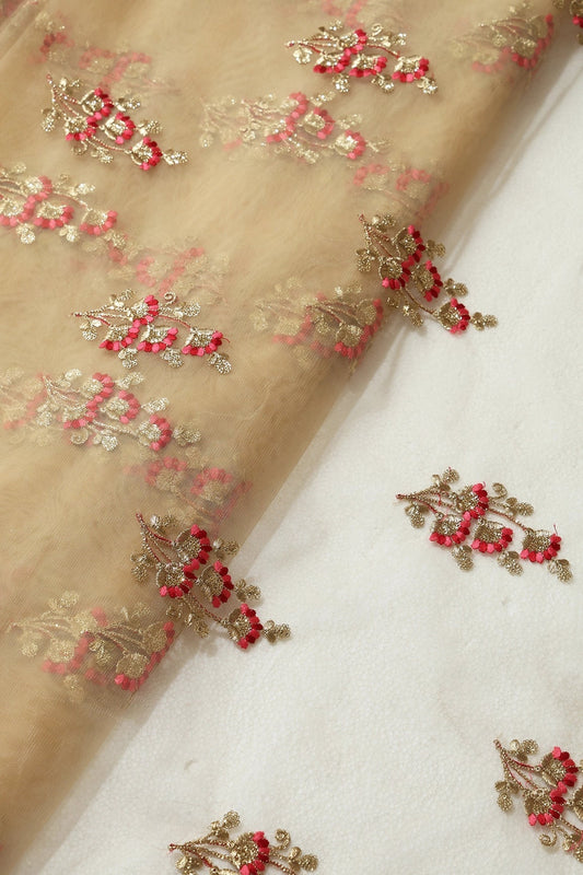 Red And Pink Thread With Gold Sequins Floral Embroidery On Beige Soft Net Fabric
