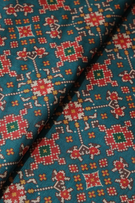 Red And Rama Patola Pattern Digital Print On Mulberry Silk Fabric