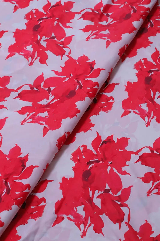 Red And White Floral Pattern Digital Print On French Crepe Fabric