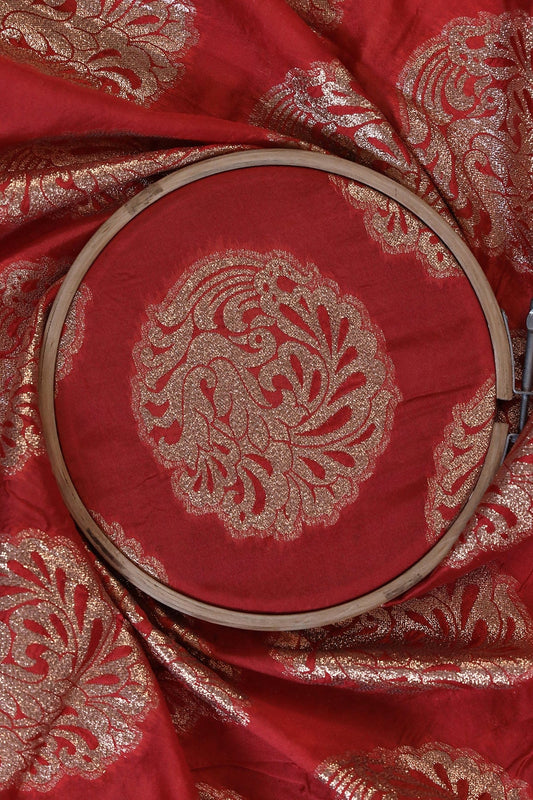 Red Ethnic Butta Silk Gold Zari Banarasi Jacquard Fabric