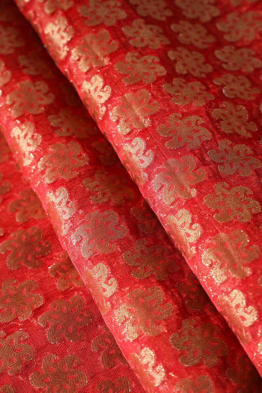 Red Floral Motif Pure Net Gold Zari Banarasi Jacquard Fabric