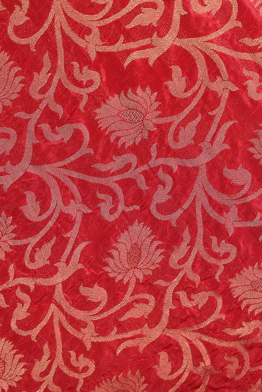Red Floral Silk Gold Zari Banarasi Jacquard Fabric