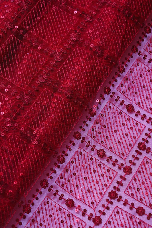 Red Sequins Checks Embroidery On Red Soft Net Fabric