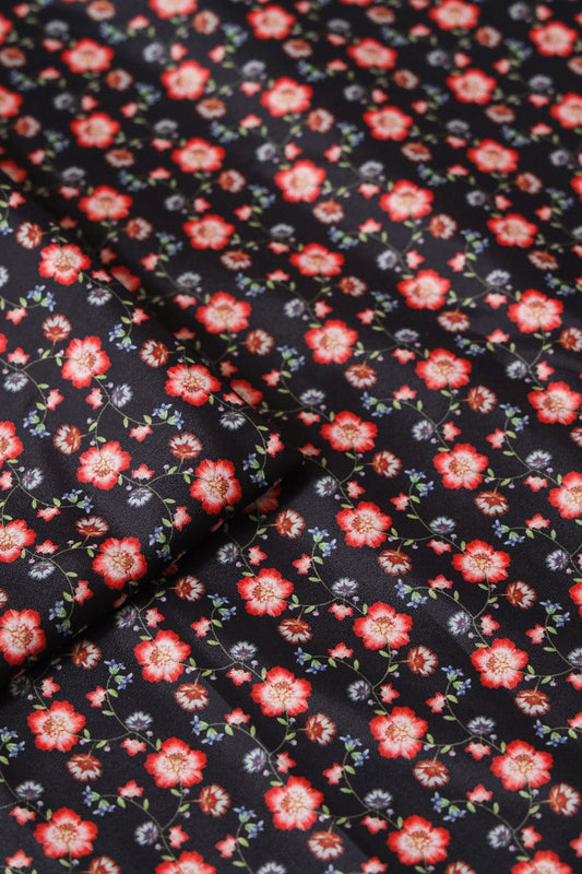 Red Small Floral Pattern Digital Print On Black French Crepe Fabric