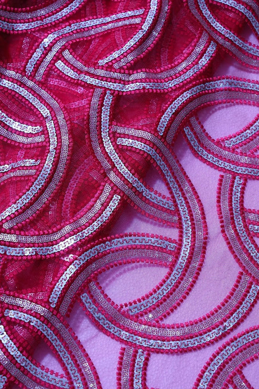 Red Thread With Gold And Silver Sequins Geometric Embroidery On Cherry Red Soft Net Fabric