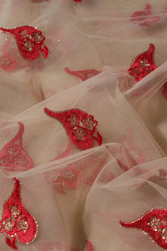 Red Thread With Gold Sequins Leafy Embroidery Work On Beige Soft Net Fabric