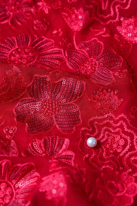 Red Thread With Red Sequins Floral Embroidery Work On Red Viscose Georgette Fabric