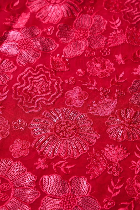 Red Thread With Red Sequins Floral Embroidery Work On Red Viscose Georgette Fabric