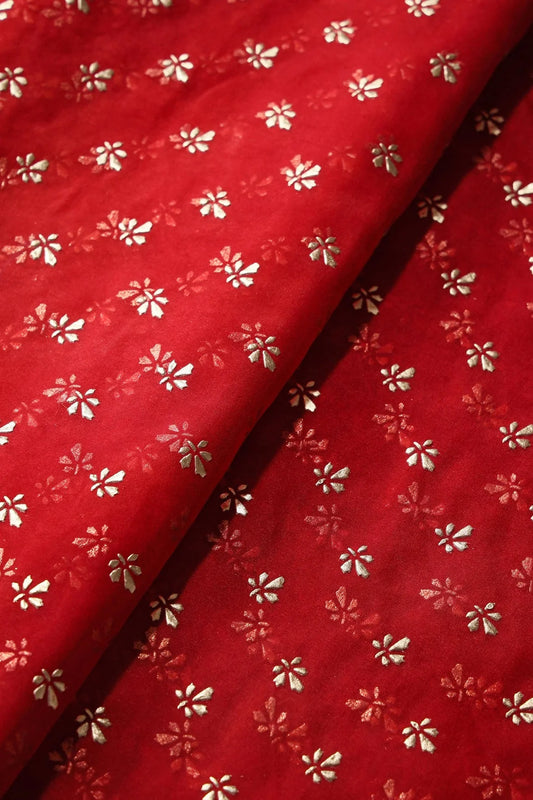 Red Tie & Dye Shibori Small Floral Motif Foil Print On Organza Fabric