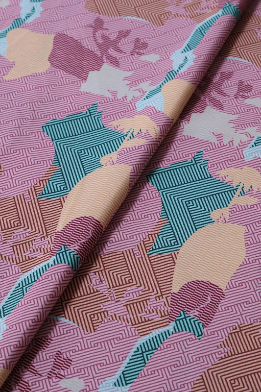 Rose Pink And Brown Geometric Pattern Digital Print On French Crepe Fabric
