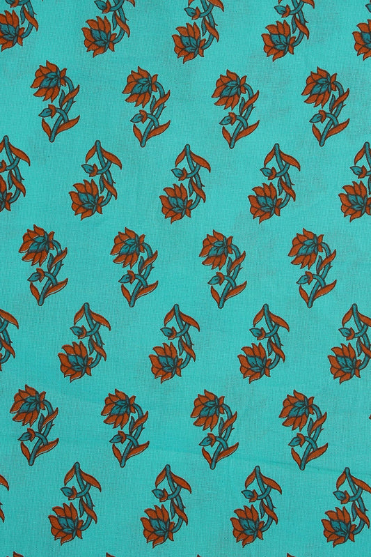 Sea Blue Floral Motif Screen Print on organic Cotton Fabric
