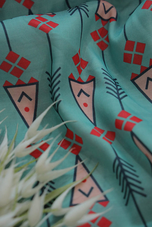 Sea Blue Geometric Digital Print on Tussar Satin Fabric