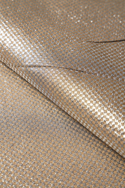 Silver And Beige Zari Matty Checks Textured Banarasi Jacquard Fabric