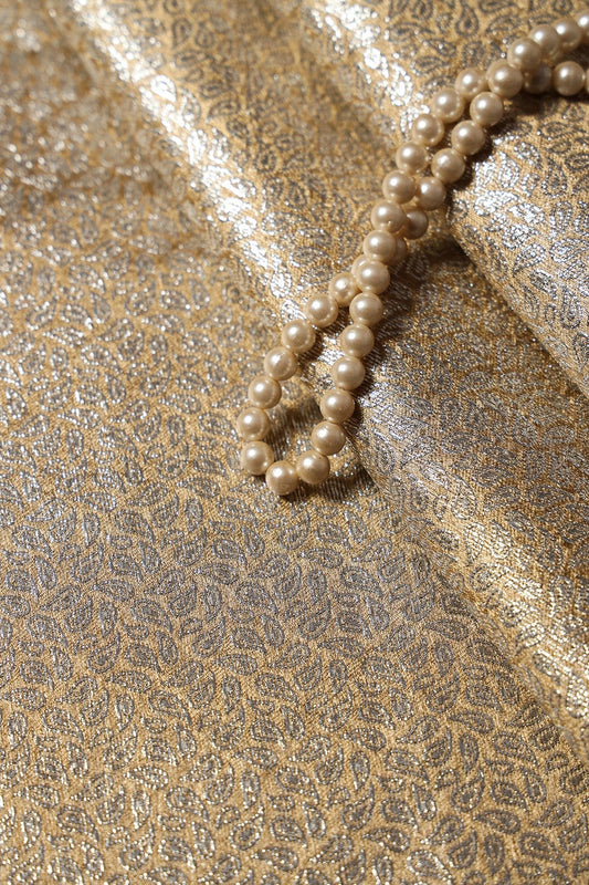 Silver And Beige Zari Matty Small Paisley Banarasi Jacquard Fabric