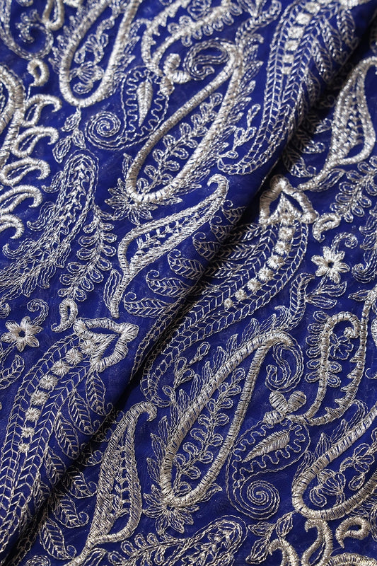 Silver Zari Heavy Paisley Embroidery On Royal Blue Georgette Fabric