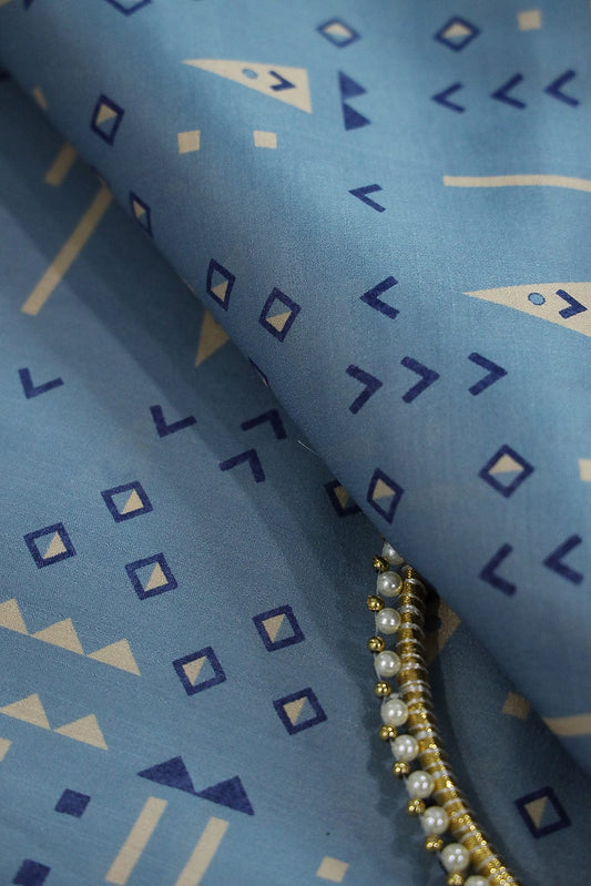 Sky Blue Geometric Digital Print on Tussar Satin Fabric