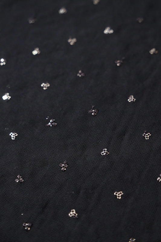 Small Motif Sequins Embroidery On Black Viscose Georgette Fabric