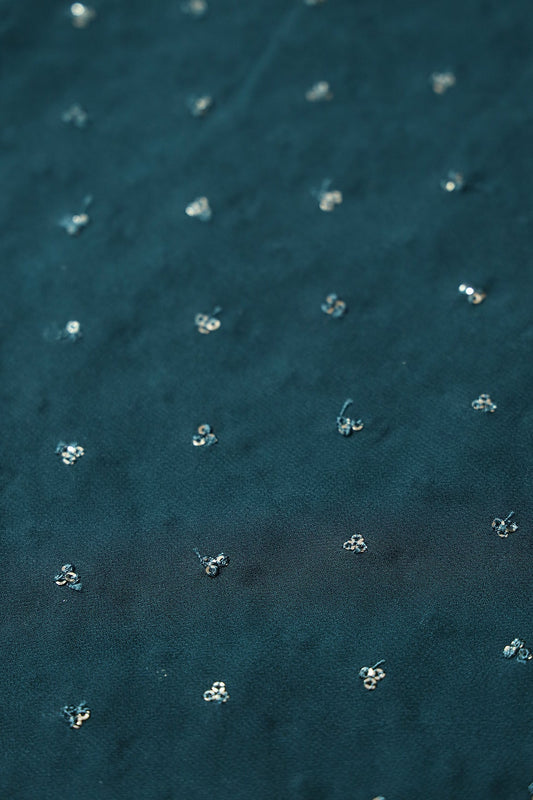 Small Motif Sequins Embroidery On Prussian Blue Viscose Georgette Fabric