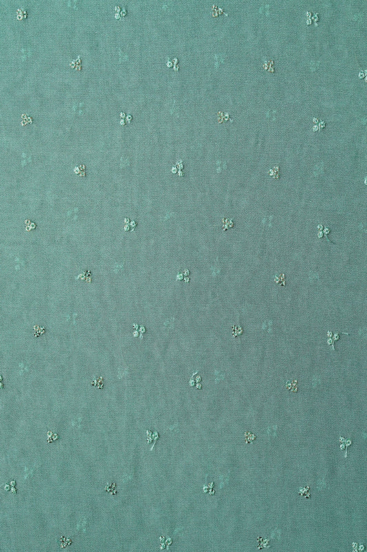 Small Motif Sequins Embroidery On Teal Viscose Georgette Fabric