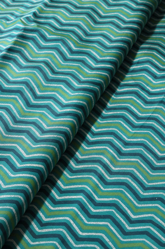 Teal And Cream Chevron Print On Viscose Chanderi Silk Fabric