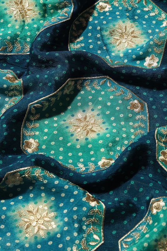 Trendy Bandhani Position Print On Sequins Embroidery Prussian Blue Viscose Chinnon Chiffon Fabric