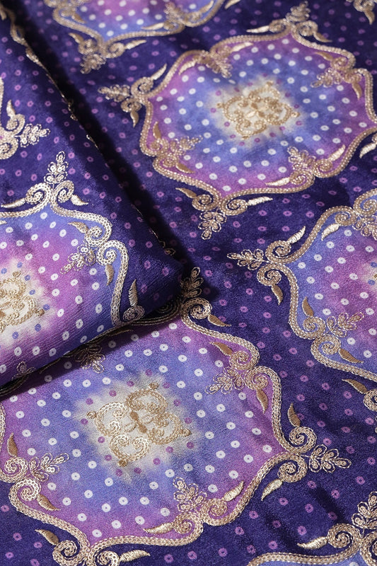 Trendy Bandhani Position Print On Sequins Embroidery Purple Viscose Chinnon Chiffon Fabric