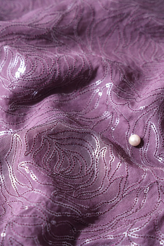 Water Sequins Floral Heavy Embroidery On Viola Purple Viscose Georgette Fabric