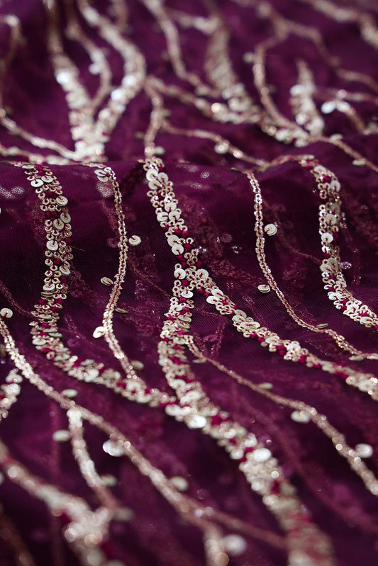 Wavy Gold Sequins Embroidery on Wine Soft Net Fabric