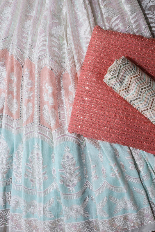 White And Peach Unstitched Lehenga Set Fabric (3 Piece)