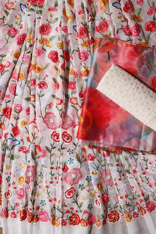 White And Pink Unstitched Lehenga Set Fabric (3 Piece)