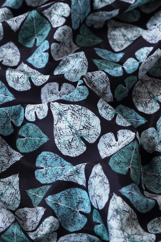White And Teal Leafy Pattern Digital Print On Dark Navy Blue French Crepe Fabric
