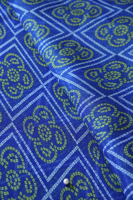White And Yellow Bandhani Print On Royal Blue Kota Doria Fabric