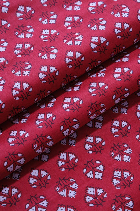 White Floral Booti Pattern Print On Red Pure Cotton Fabric