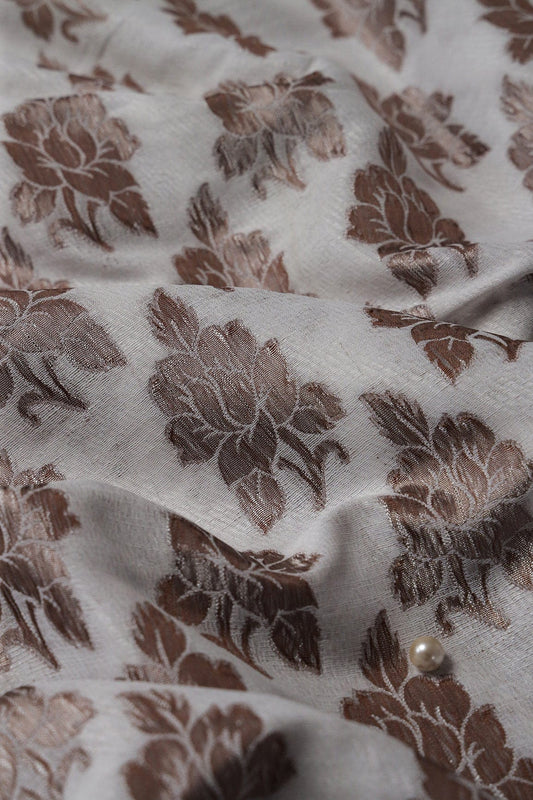 White Floral Pure Jute Dyeable Banarasi Jacquard Fabric