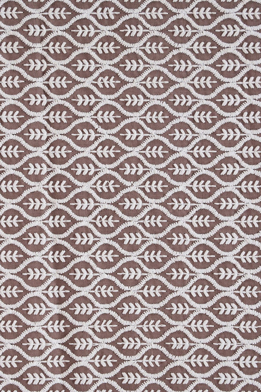 White Thread Beautiful Trellis Embroidery On Light Brown Soft Cotton Fabric