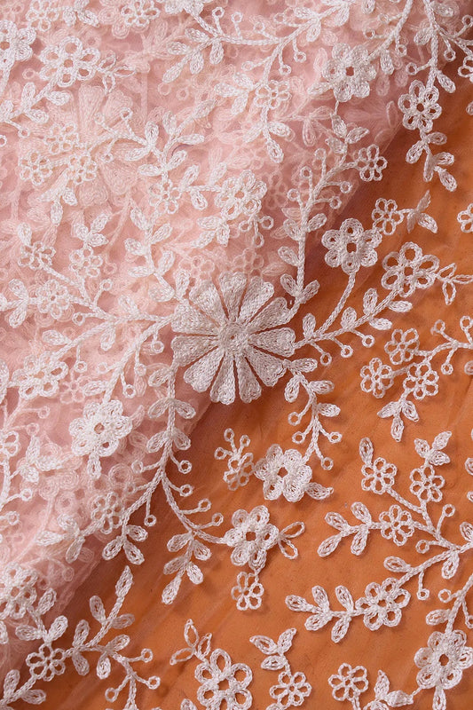 White Thread Heavy Floral Embroidery On Pink Soft Net Fabric