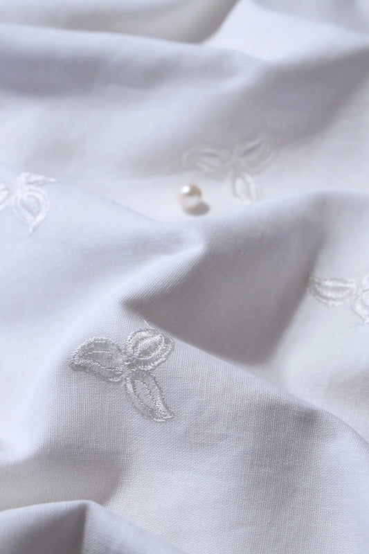 White Thread Small Floral Embroidery Work On White Organic Cotton Fabric