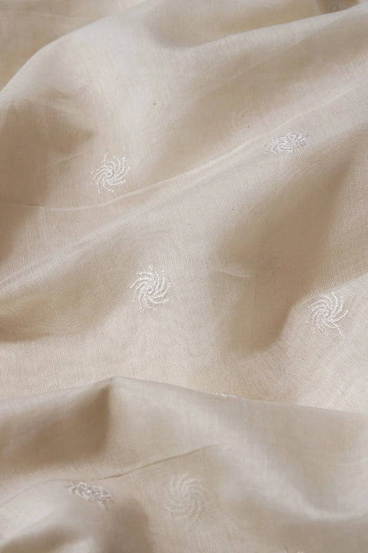 White Thread Small Motif Embroidery On Cream Pure Banarasi Chanderi Silk Fabric