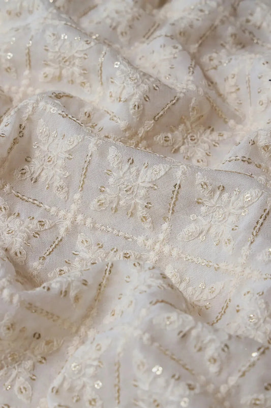 White Thread With Gold Glitter Sequins Checks Lucknowi Embroidery On Dyeable Viscose Georgette Fabric