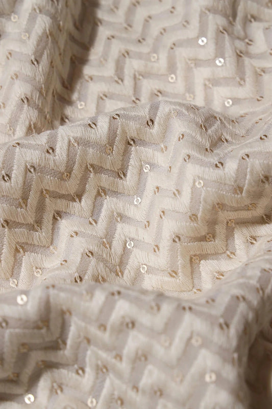 White Thread With Gold Sequins Chevron Embroidery Work On White Dyeable Viscose Georgette Fabric