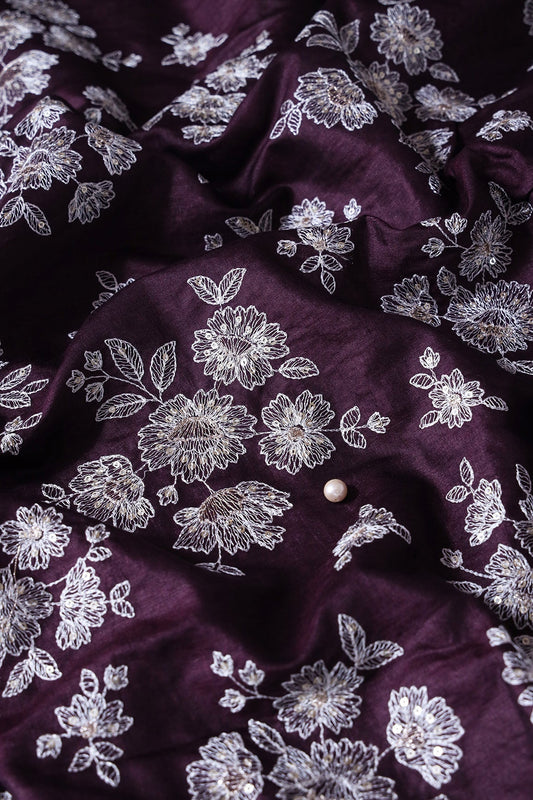 White Thread With Gold Sequins Floral Embroidery On Wine Pure Bamboo Silk Fabric