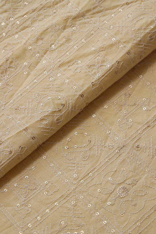 White Thread With Gold Sequins Geometric Embroidery Work On Pastel Yellow Organic Cotton Fabric