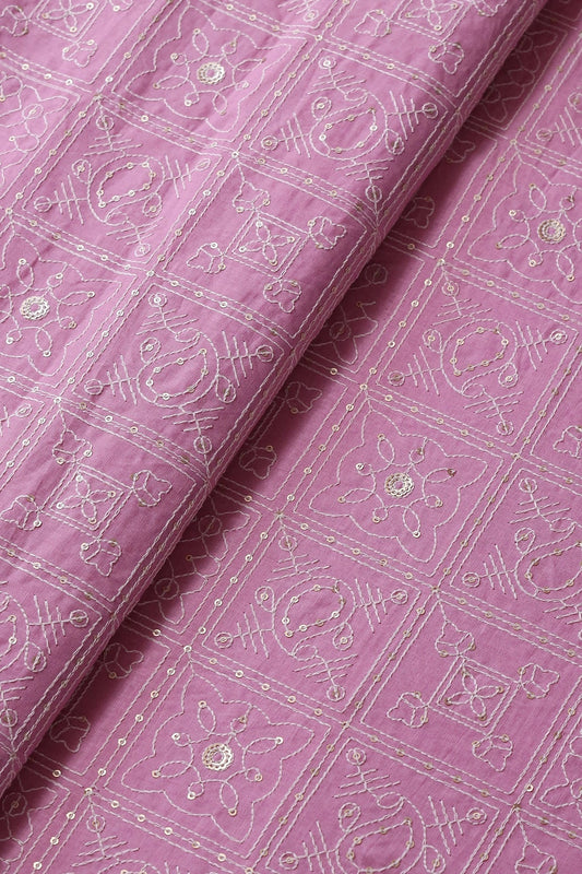 White Thread With Gold Sequins Geometric Embroidery Work On Pink Organic Cotton Fabric