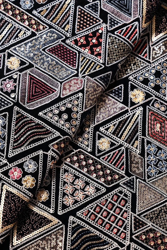 White Thread With Sequins Geometric Heavy Embroidery Work On Navy Blue Velvet Fabric