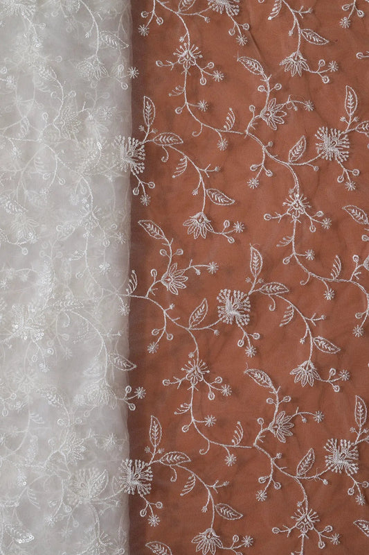 White Thread With Water Sequins Floral Embroidery On Dyeable White Soft Net Fabric
