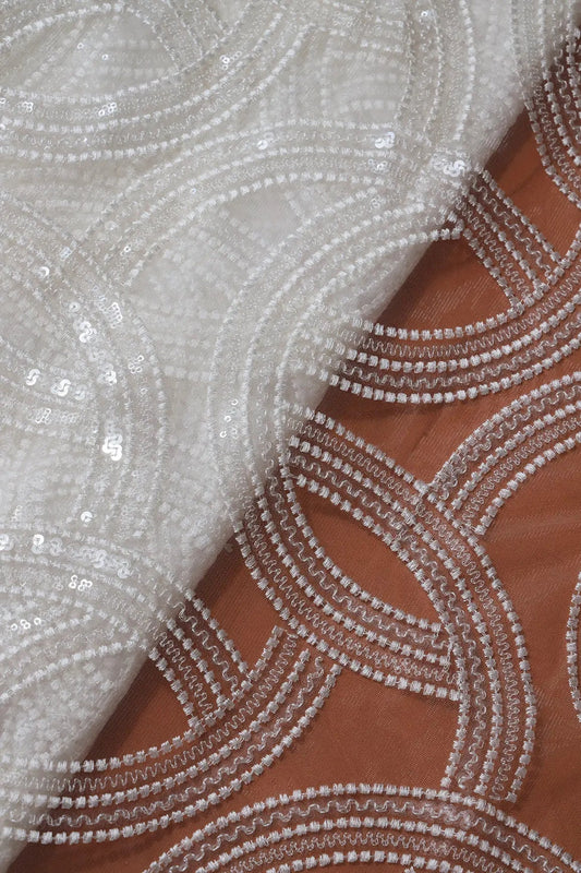 White Thread With Water Sequins Geometric Embroidery On Dyeable White Soft Net Fabric