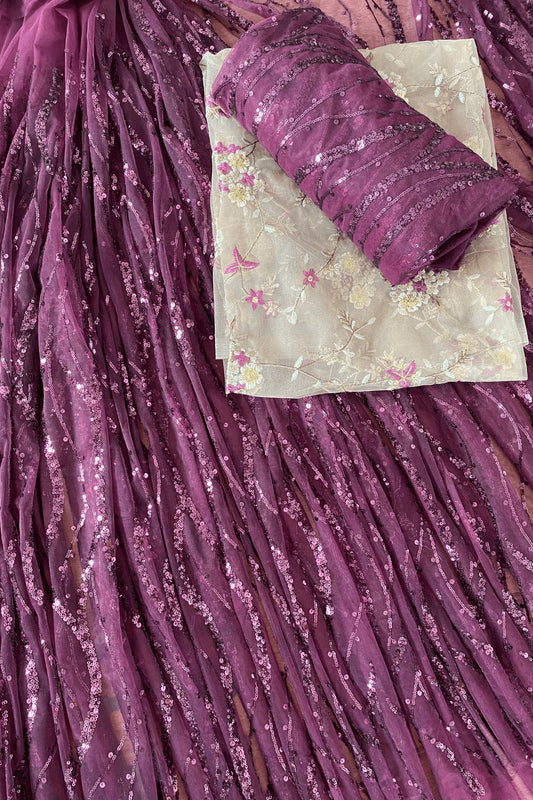 Wine And Light Brown Unstitched Lehenga Set Fabric (3 Piece)