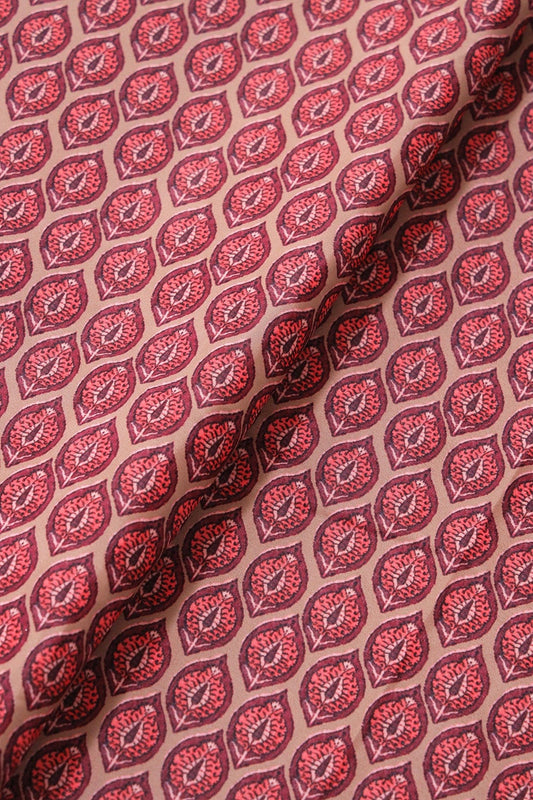 Wine And Peach Ogee Pattern Digital Print On Light Brown Crepe Fabric